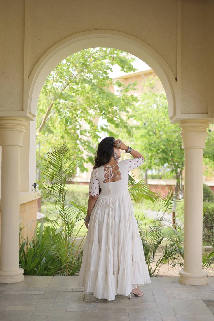 Kora cotton embroidered gown with gota patti & mirror work 12 meter flair navratri garba dress 