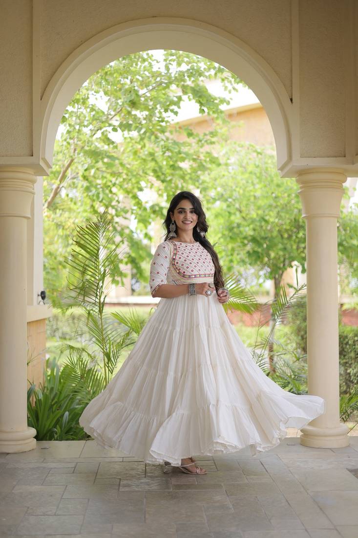 Kora cotton embroidered gown with gota patti & mirror work 12 meter flair navratri garba dress 