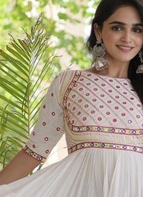 Kora cotton embroidered gown with gota patti & mirror work 12 meter flair navratri garba dress  5