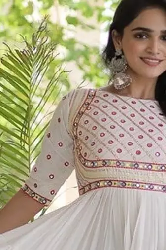 Kora cotton embroidered gown with gota patti & mirror work 12 meter flair navratri garba dress 