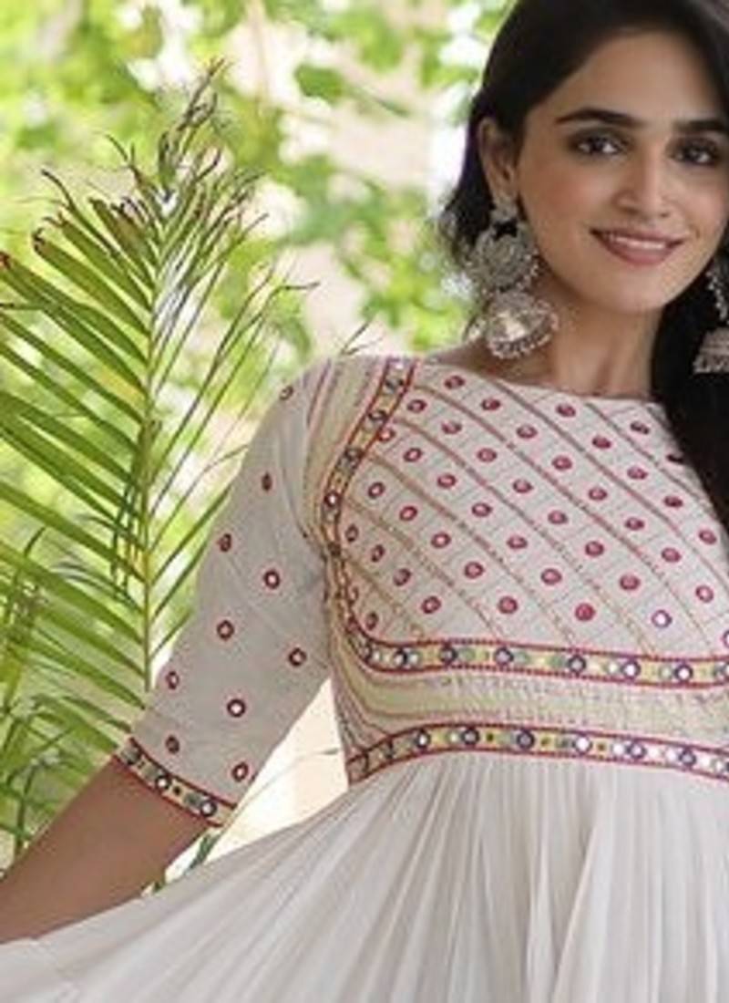 Kora cotton embroidered gown with gota patti & mirror work 12 meter flair navratri garba dress 