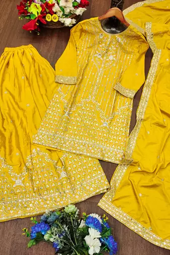 Yellow  natural creap silk party wear sharara suit set