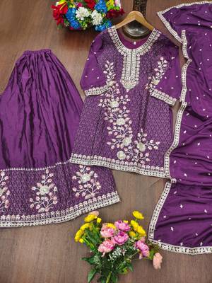 Wine chnon silk party wear sharara suit set 5