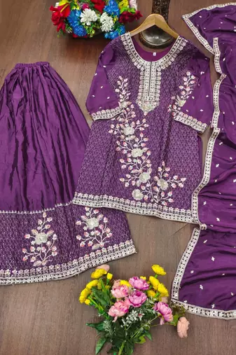 Wine chnon silk party wear sharara suit set