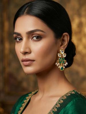 emerald green kundan and pearl drop earrings 6