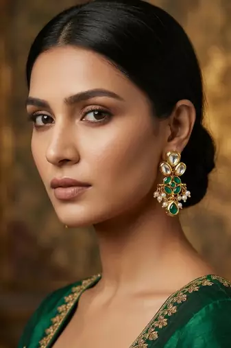 emerald green kundan and pearl drop earrings