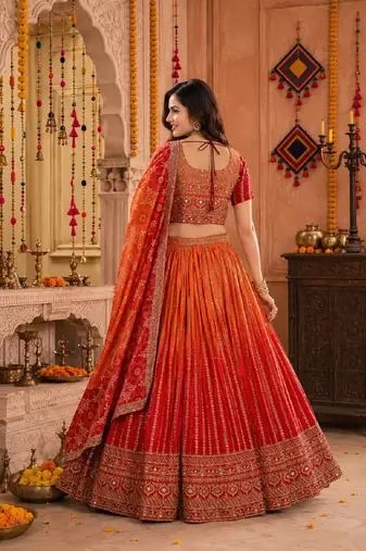 ORANGE SEQUINS & EMBROIDERED CHINNON LEHENGA CHOLI DUPATTA