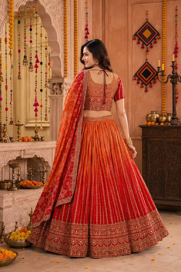 ORANGE SEQUINS & EMBROIDERED CHINNON LEHENGA CHOLI DUPATTA
