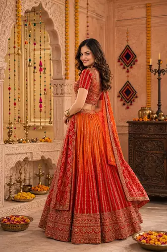 ORANGE SEQUINS & EMBROIDERED CHINNON LEHENGA CHOLI DUPATTA