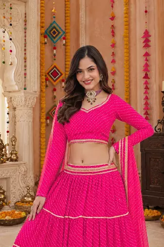 PINK LEHERIYA PRINT GEORGETTE LEHENGA CHOLI DUPATTA