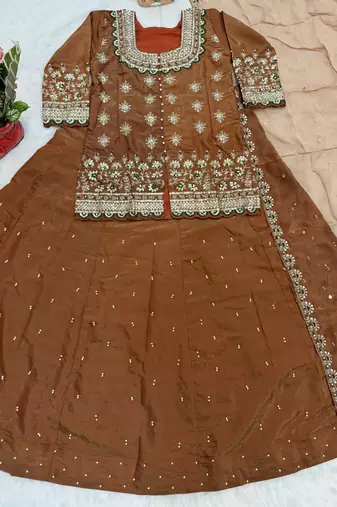 Brown simmer silk party wear embroidery Skirt suit