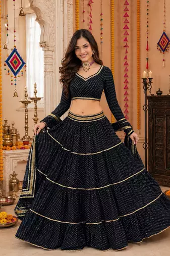 BLACK LEHERIYA PRINT GEORGETTE LEHENGA CHOLI DUPATTA