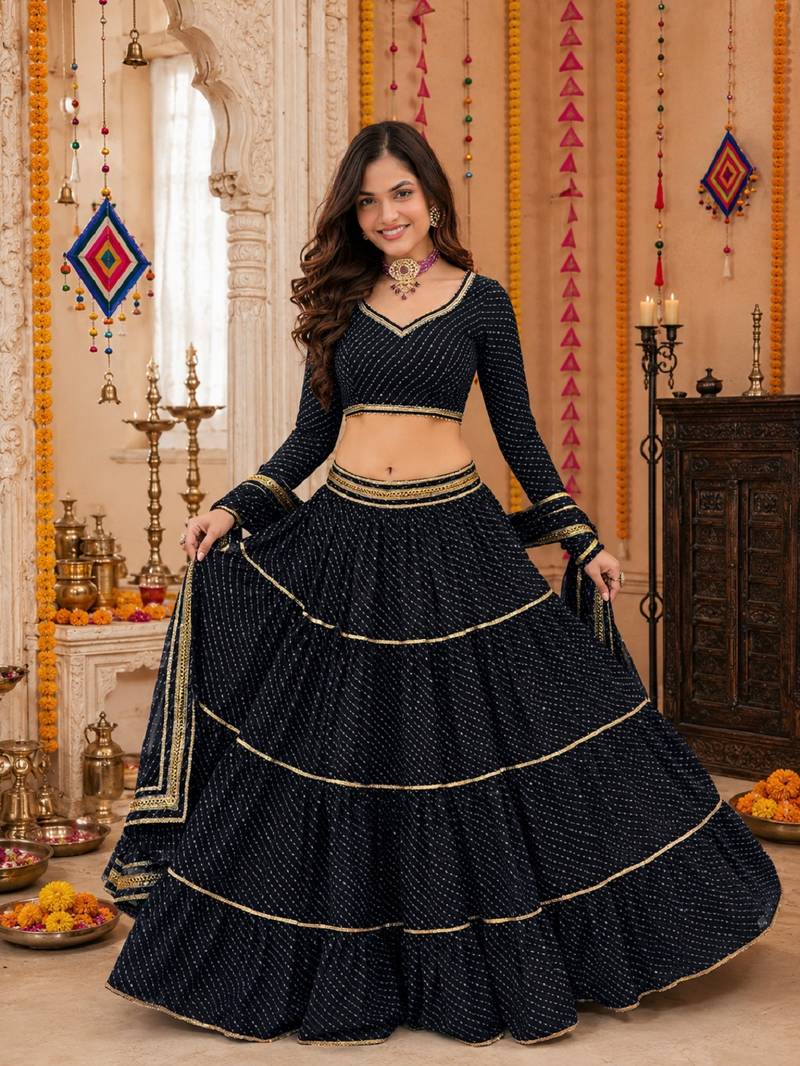 BLACK LEHERIYA PRINT GEORGETTE LEHENGA CHOLI DUPATTA