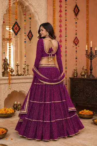 PURPLE LEHERIYA PRINT GEORGETTE LEHENGA CHOLI DUPATTA