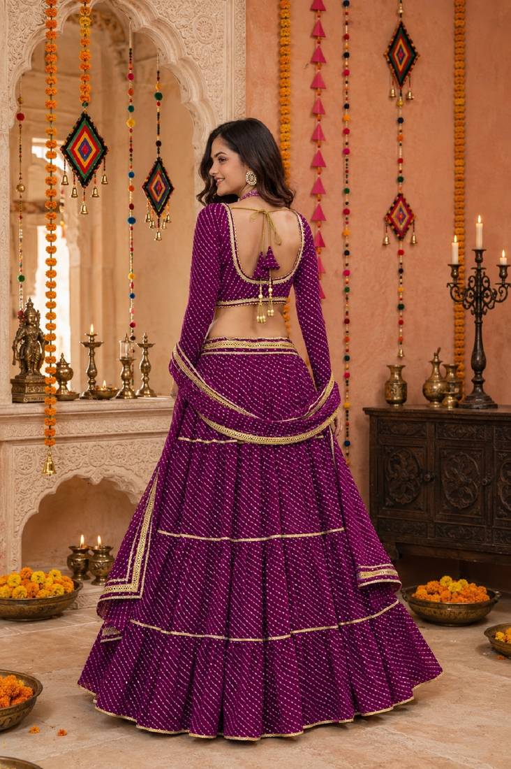 PURPLE LEHERIYA PRINT GEORGETTE LEHENGA CHOLI DUPATTA