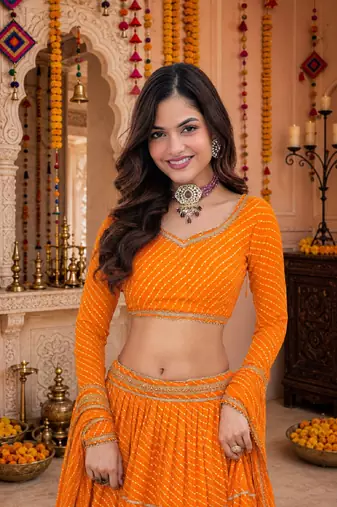 YELLOW LEHERIYA PRINT GEORGETTE LEHENGA CHOLI DUPATTA