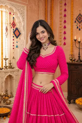 PINK LEHERIYA PRINT GEORGETTE LEHENGA CHOLI DUPATTA