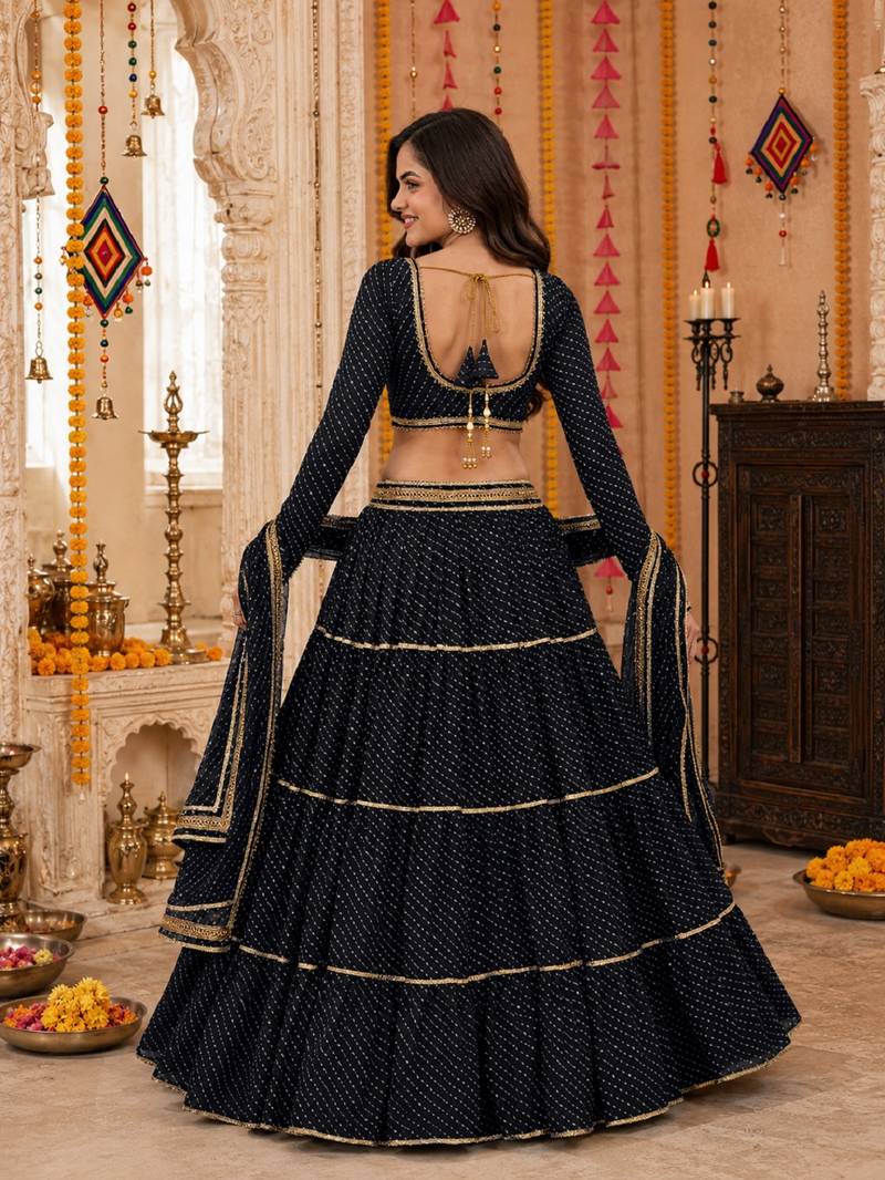 BLACK LEHERIYA PRINT GEORGETTE LEHENGA CHOLI DUPATTA