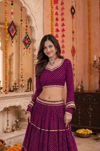 PURPLE LEHERIYA PRINT GEORGETTE LEHENGA CHOLI DUPATTA