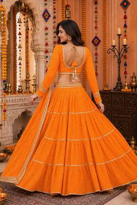 YELLOW LEHERIYA PRINT GEORGETTE LEHENGA CHOLI DUPATTA 6