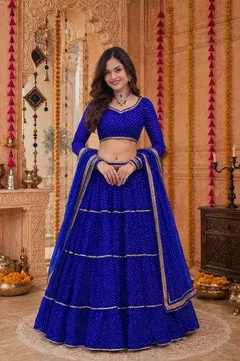 BLUE LEHERIYA PRINT GEORGETTE  LEHENGA CHOLI DUPATTA