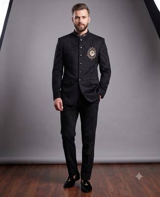 Black suede embroidered bandhgala suit for men 1
