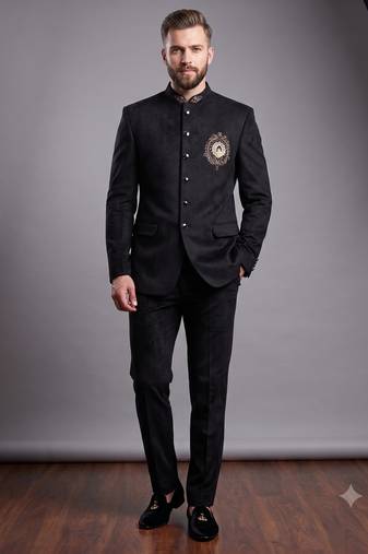 Black suede embroidered bandhgala suit for men
