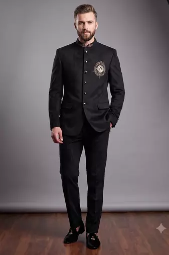 Black suede embroidered bandhgala suit for men