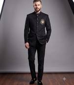 Black suede embroidered bandhgala suit for men