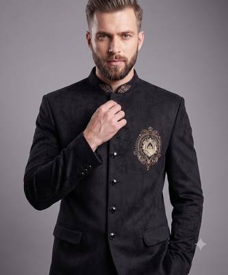Black suede embroidered bandhgala suit for men 2