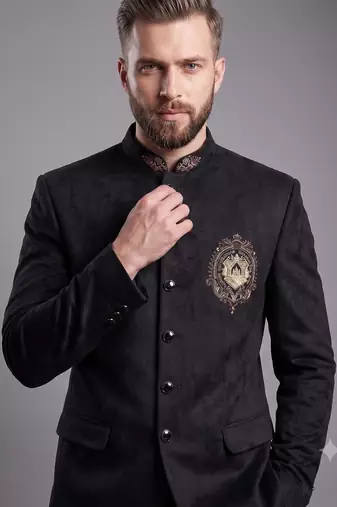 Black suede embroidered bandhgala suit for men