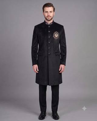Black suede embroidered nawabi suit for men 1