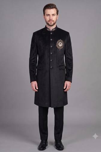 Black suede embroidered nawabi suit for men