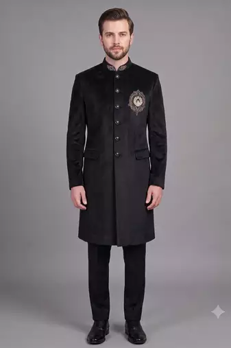 Black suede embroidered nawabi suit for men