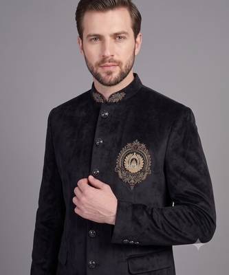 Black suede embroidered nawabi suit for men 2