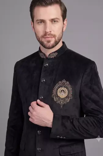Black suede embroidered nawabi suit for men