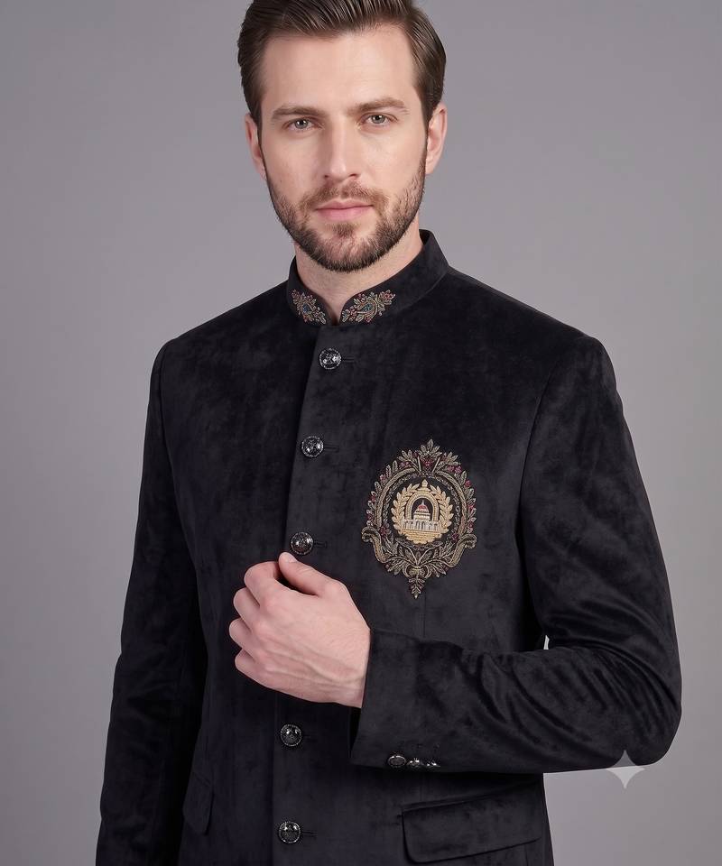 Black suede embroidered nawabi suit for men