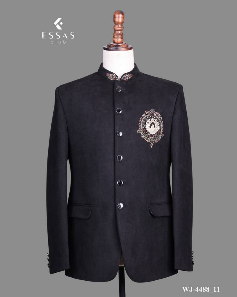 Black suede embroidered nawabi suit for men