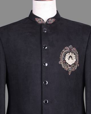 Black suede embroidered nawabi suit for men 4