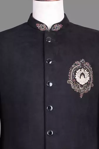 Black suede embroidered nawabi suit for men