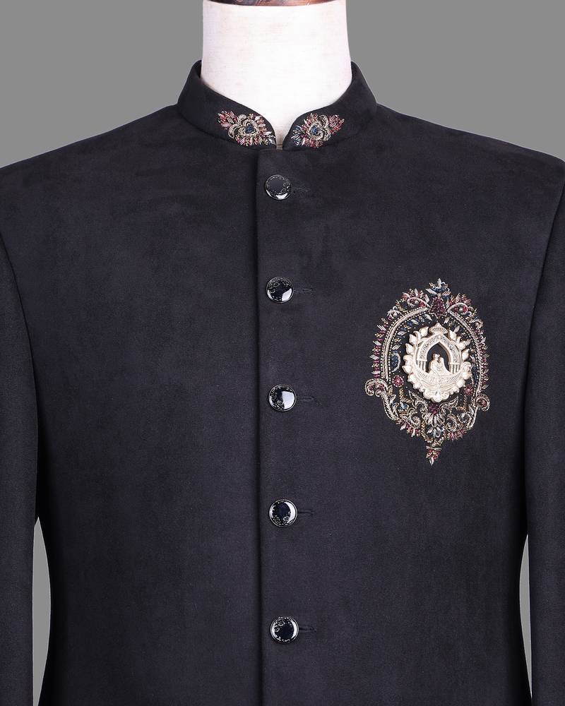 Black suede embroidered nawabi suit for men