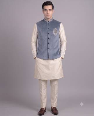 Blue suede embroidered nehru jacket for men 1