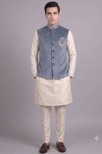 Blue suede embroidered nehru jacket for men