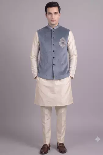 Blue suede embroidered nehru jacket for men