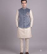 Blue suede embroidered nehru jacket for men