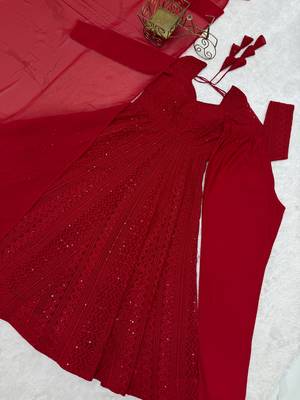 Red fuax georgette embroidery party wear anarkali  suit set 5