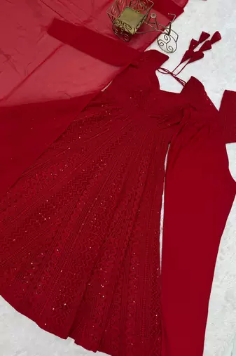 Red fuax georgette embroidery party wear anarkali  suit set