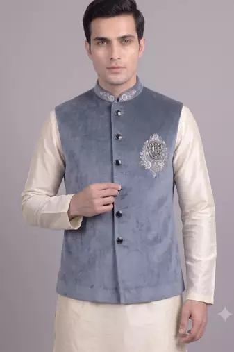 Blue suede embroidered nehru jacket for men