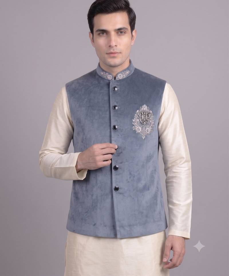 Blue suede embroidered nehru jacket for men