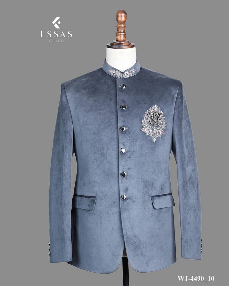 Blue suede embroidered nehru jacket for men